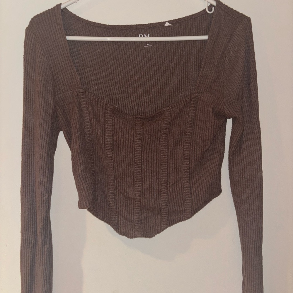 PacSun Brown Ribbed Long Sleeve Crop Blouse